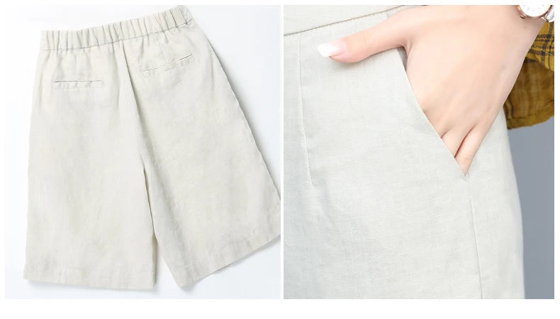 High Waist COTTON Linen Women's Shorts Loose Casual Solid Women's Summer Shorts Basic Black Coffee Semi-elasticated Waist Shorts