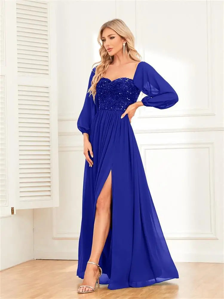 Elegant and versatile one shoulder high slit lace up dress with full lining sequin patchwork chiffon long sleeved formal dress