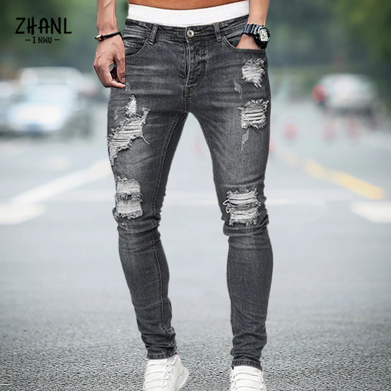 Mens Stretchy Ripped Skinny Embroidered Jeans Men's White Pants Destroyed Hole Slim Fit Denim High Quality Hip Hop Men trousers