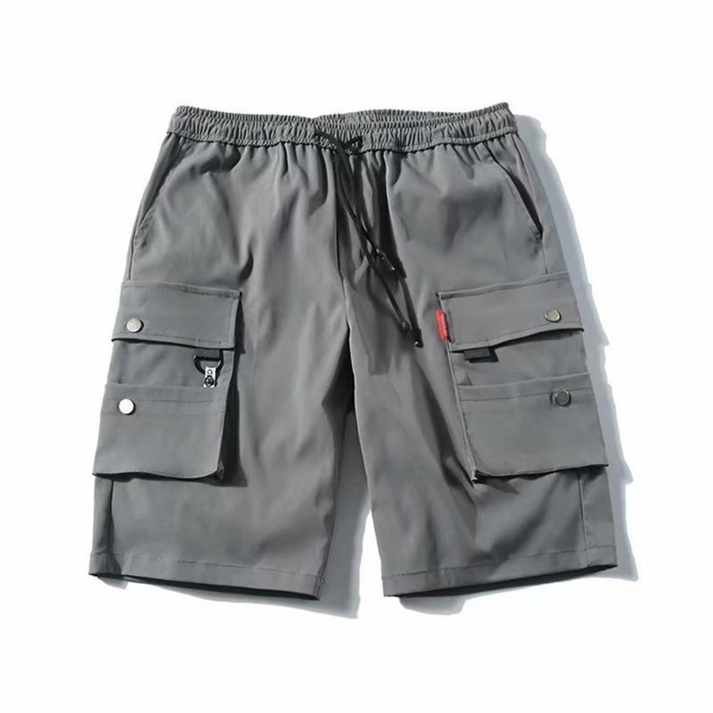 Men Summer Shorts Elastic Waistband Drawstring Shorts Multi Pockets Straight Wide Leg Mid-rise Sport Cargo Shorts Streetwear