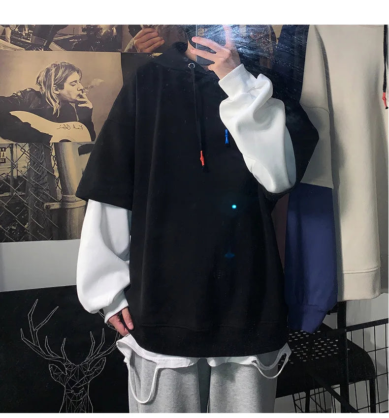 Hooded Sweatshirts Patchwork Fake Two Piece Pullover Top Student Oversized Hooded Korean Fashion High Street Hip Hop Men Clothes