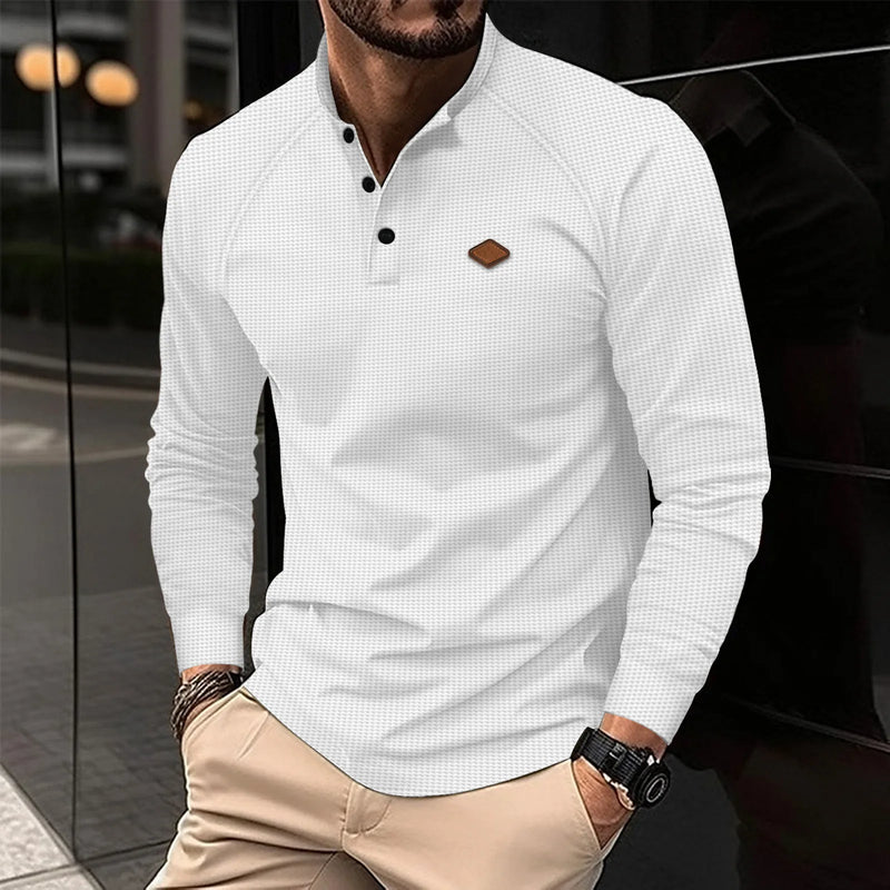 Spring And Fall Best-Selling Men's Long-Sleeved Waffle Henry Shirt, With LOGO, Stand Collar Button, Street Mature Men's Style