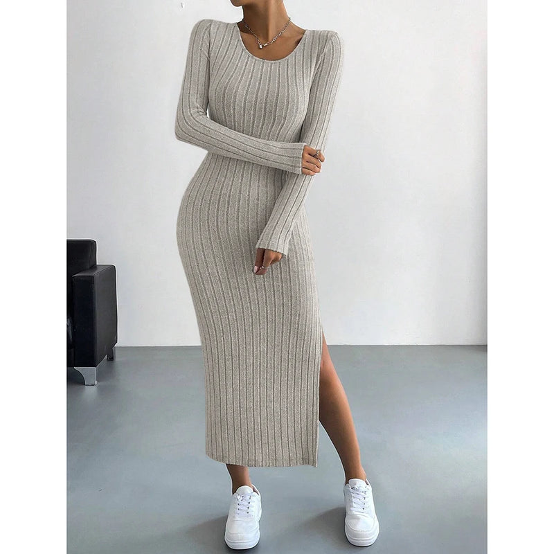 Mia Muse Women's Dresses Autumn French Plain Stripe Split Long Sleeve Scoop Neck Bodycon Full Length Maxi Casual Dresses