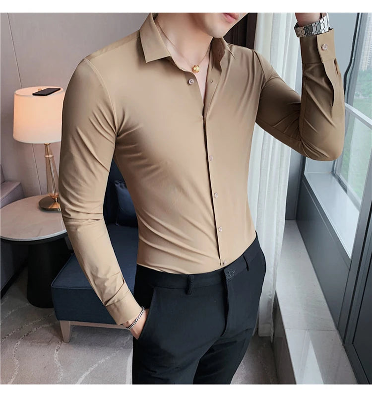 Plus Size 4XL-M High Elasticity Seamless Shirts Men Long Sleeve Top Quality Slim Casual Luxury Shirt Social Formal Dress Shirts