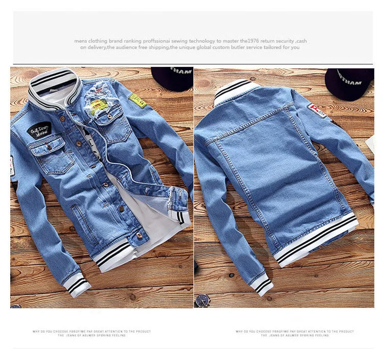 New 2024 Men's Denim Jackets Fashion Male Trendy Ripped Denim Bomber Coats Mens Casual Windbreaker Cowboy Jeans Jackets Clothing