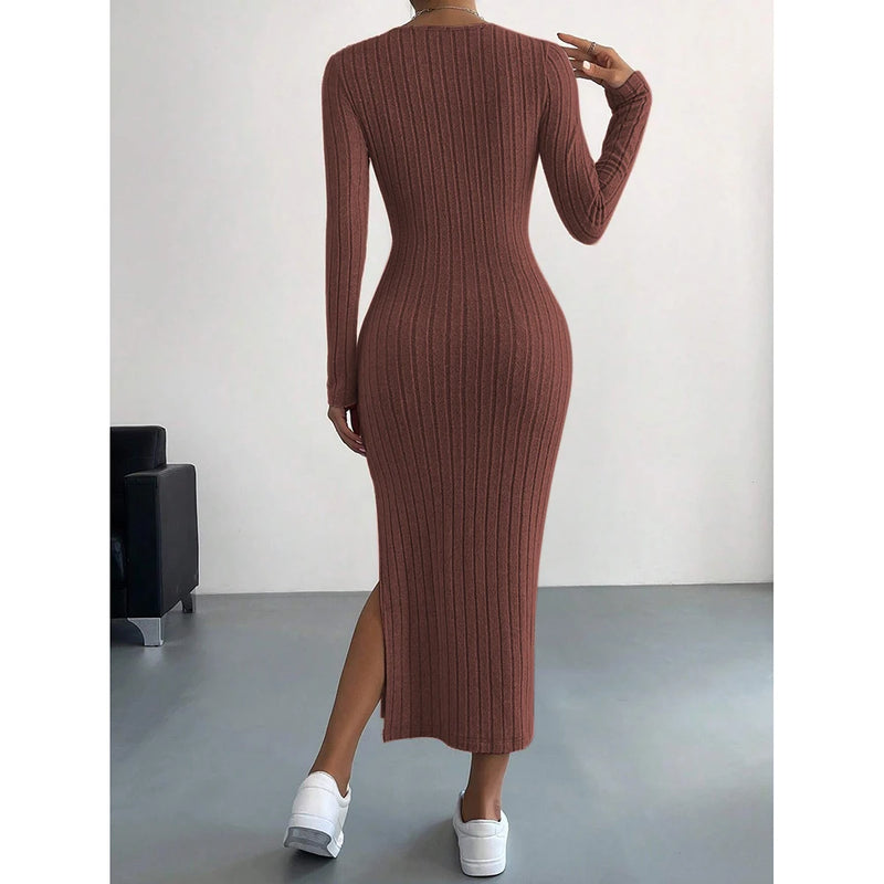 Mia Muse Women's Dresses Autumn French Plain Stripe Split Long Sleeve Scoop Neck Bodycon Full Length Maxi Casual Dresses