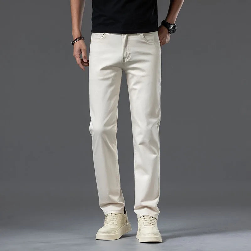 New Fashion Brand Jeans Men's Khaki White Straight Denim Medium Waist Fashion Stretch Casual Cotton Denim Pants