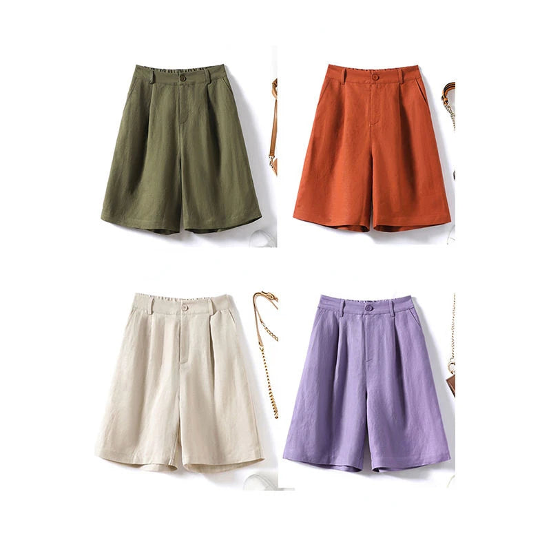 Cotton and Linen Shorts for Women Summer 2024 Loose High Waisted Wide Leg Pants Casual Versatile Solid Retro Straight Shorts