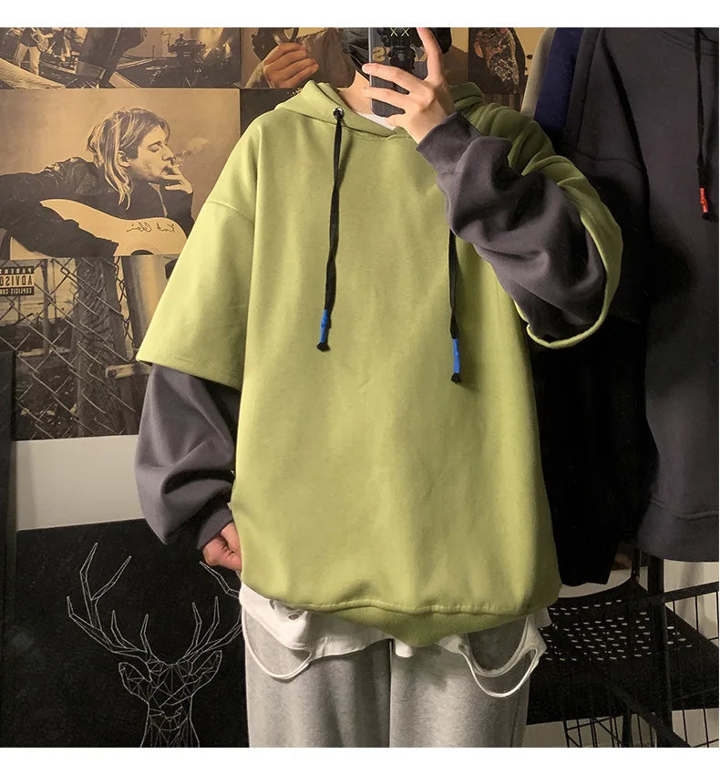 Hooded Sweatshirts Patchwork Fake Two Piece Pullover Top Student Oversized Hooded Korean Fashion High Street Hip Hop Men Clothes