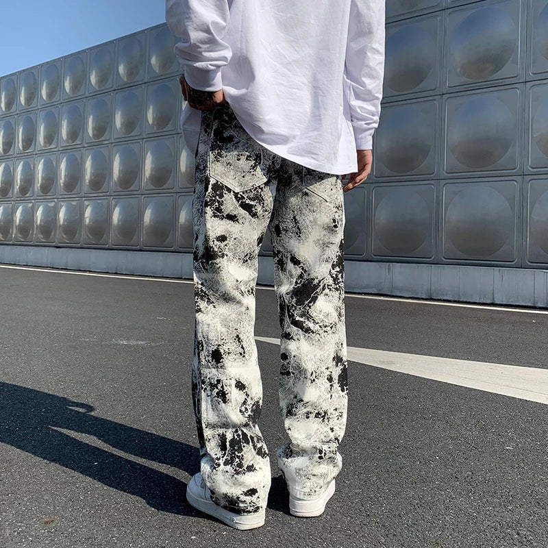 Mens Jean Fashion Printed jeans Spring 2024 Mopping Trousers Jeans Korean Style High Street Loose Hip Hop Wide-leg Jean Pants