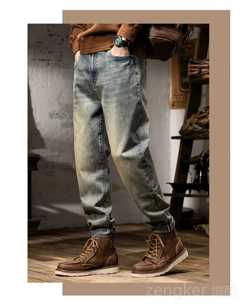 Spring Autumn Men's Jeans Men's Stretchy Calf Pants Trendy Harlem Pants Loose Plus Size Long Pants Retro jeans 46 44