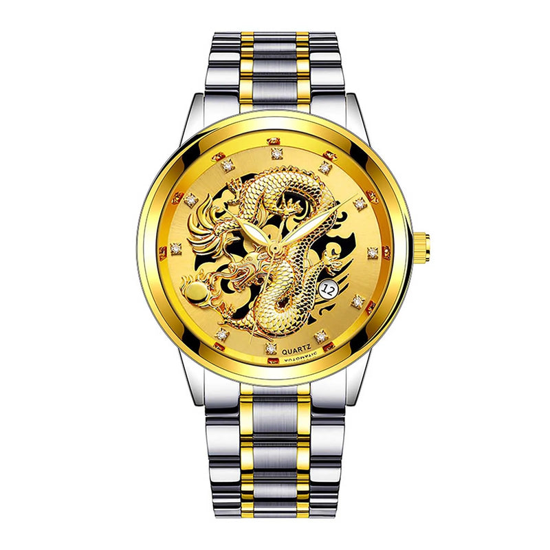 Men's Fashion Business Quartz Watch Fashion Men's Watch Stainless Steel Belt Men's Watches Golden Dragon  Часы Женские Наручные