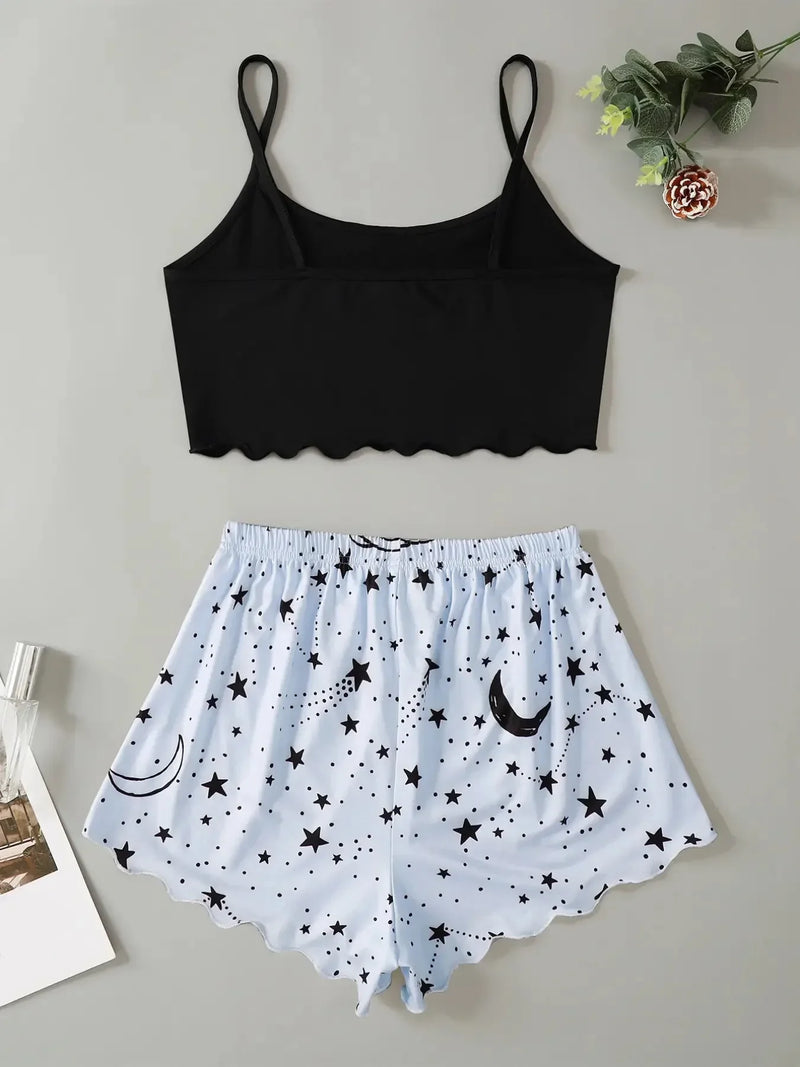 Summer Moon Stars Letter Printed Pajama Set Women Sexy Lingerie Sleeveless Crop Tops with Shorts Pyjamas Sets Suit Sleepwear