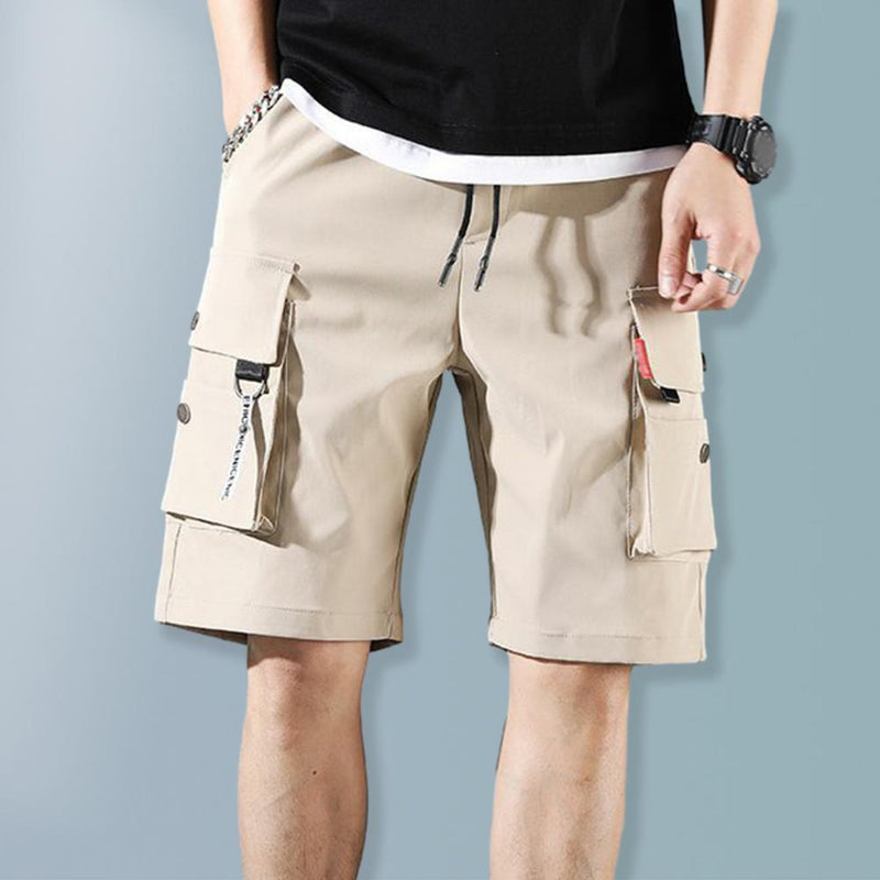 Men Summer Shorts Elastic Waistband Drawstring Shorts Multi Pockets Straight Wide Leg Mid-rise Sport Cargo Shorts Streetwear