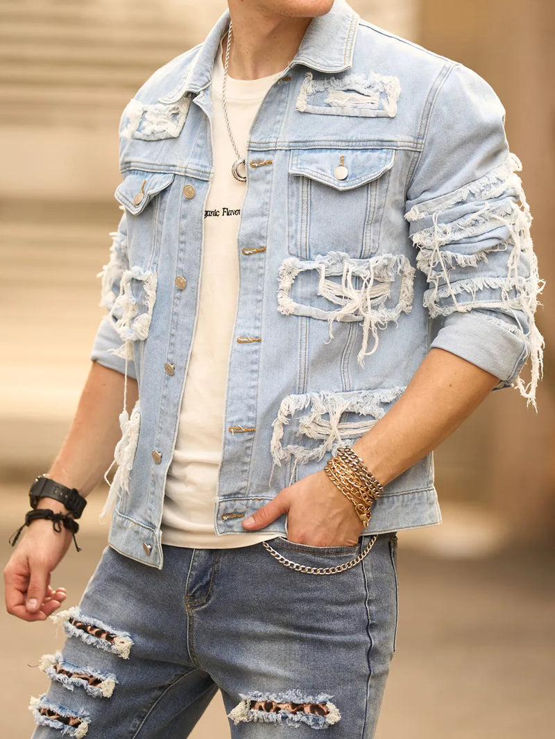 Stylish Street Style Men Distressed Splicing Slim Denim Jacket Ripped Patch Male Casual Jean Jacket Coat