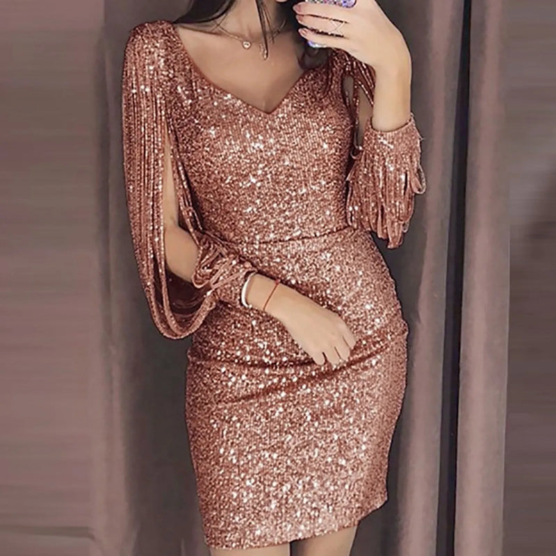 Sexy Sequin Tassel Long Sleeve Dress For Women V-neck Slim Hip Mini Skirt Party Dresses Clubwear Elegant Shiny Female New Year