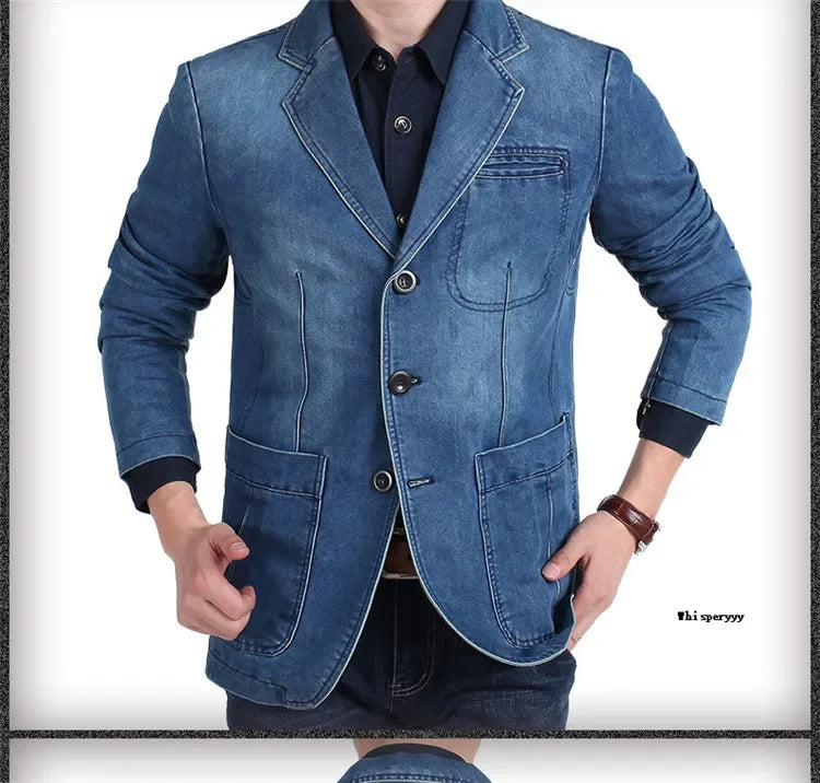 Men Denim Blazer Fashion Cotton Vintage Suit Coat Male Male Blue Casual Jeans Jacket New  Autumn Clothes Veste Homme