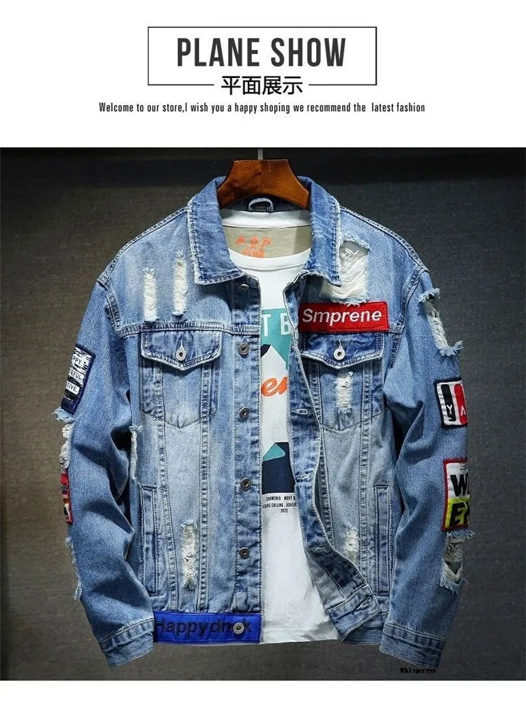 Men Brand Denim Jacket Streetwear Punk Motorcycle Ripped Print Cowboy Coats High Quality Casual Hole Loose Male Jeans Outwear