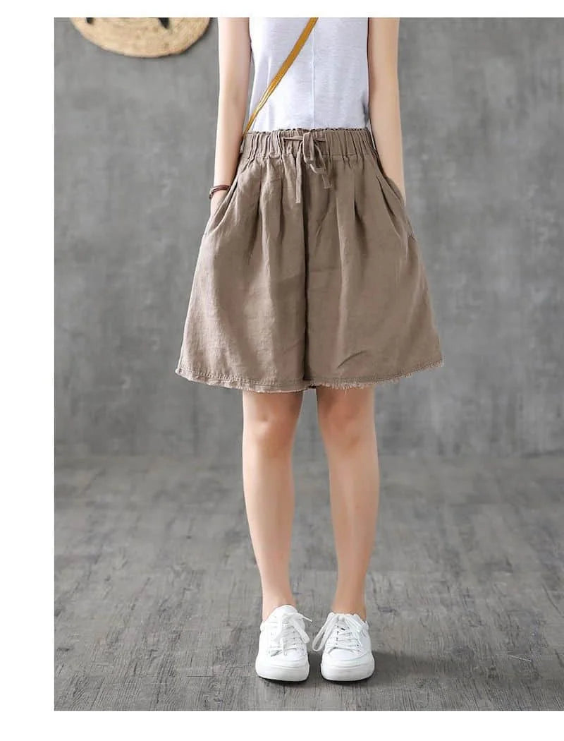 Solid Shorts for Women Summer Sale Linen Casual Straight Short Pants Korean Style Elastic Waist Wide Leg Trousers Women Clothing