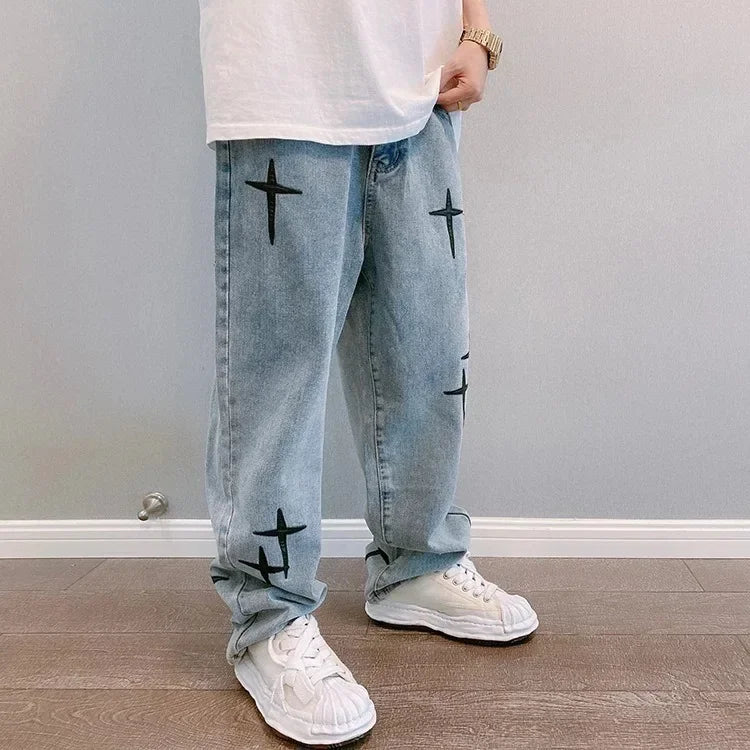 Men Designer Prints Star Jeans Streetwear Loose Wide Leg Jeans Boyfriend Vintage Fashion Straight Casual Loose Denim Cargo Pants