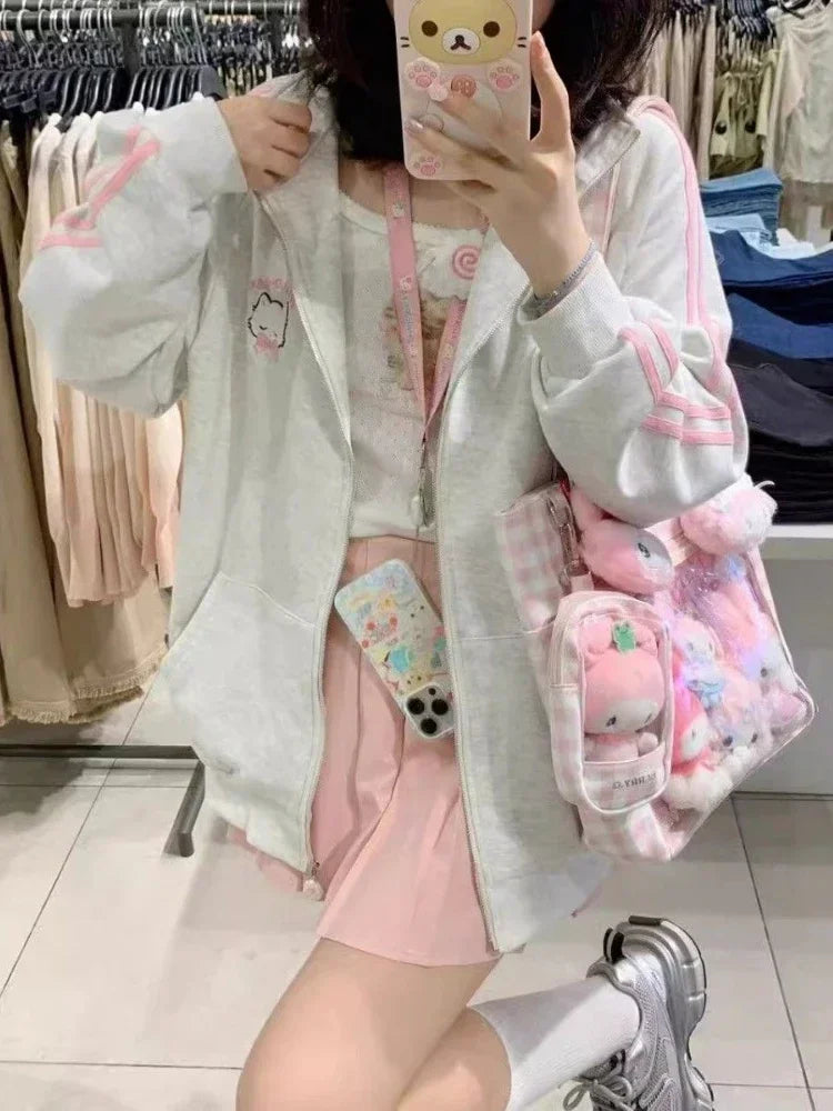 Hoodie com zíper Houzhou-Kawaii feminino, bordado gato rosa, moletom com capuz extragrande, moda japonesa, Harajuku fofo, inverno, 2023