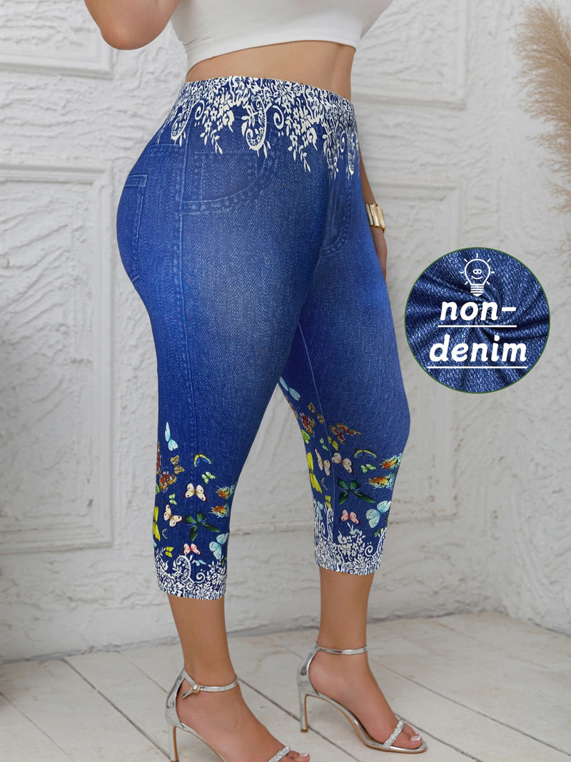 Plus Size Women's Capri Leggings with Butterfly Pattern Denim-Look Print Comfortable Stretch Fashion Casual Mid-Calf Knit Pants