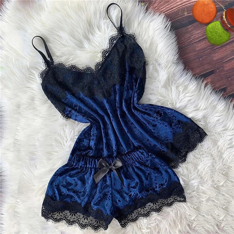 Sexy Lingerie Women Sleep Wear Camisole Bow Shorts V-Neck Tops Velvet Pajamas Sleepwear пижама женская Hot