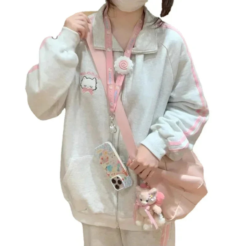 Hoodie com zíper Houzhou-Kawaii feminino, bordado gato rosa, moletom com capuz extragrande, moda japonesa, Harajuku fofo, inverno, 2023