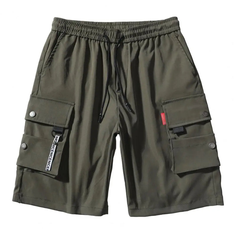 Men Summer Shorts Elastic Waistband Drawstring Shorts Multi Pockets Straight Wide Leg Mid-rise Sport Cargo Shorts Streetwear