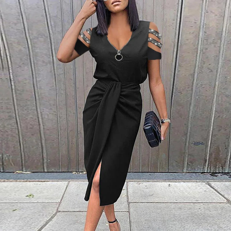 Women Elegant Zipper V Neck Solid Party Dress 2023 Spring Summer Short Hollow Out Sleeve Sexy Draped Dress Female Slim Mid Dress