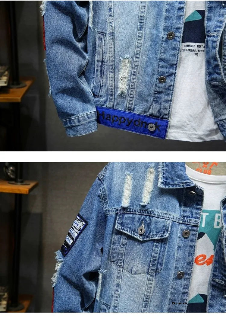 Men Brand Denim Jacket Streetwear Punk Motorcycle Ripped Print Cowboy Coats High Quality Casual Hole Loose Male Jeans Outwear