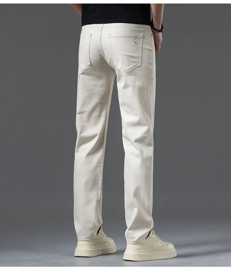 New Fashion Brand Jeans Men's Khaki White Straight Denim Medium Waist Fashion Stretch Casual Cotton Denim Pants