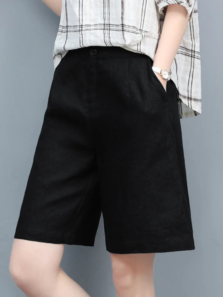 High Waist COTTON Linen Women's Shorts Loose Casual Solid Women's Summer Shorts Basic Black Coffee Semi-elasticated Waist Shorts