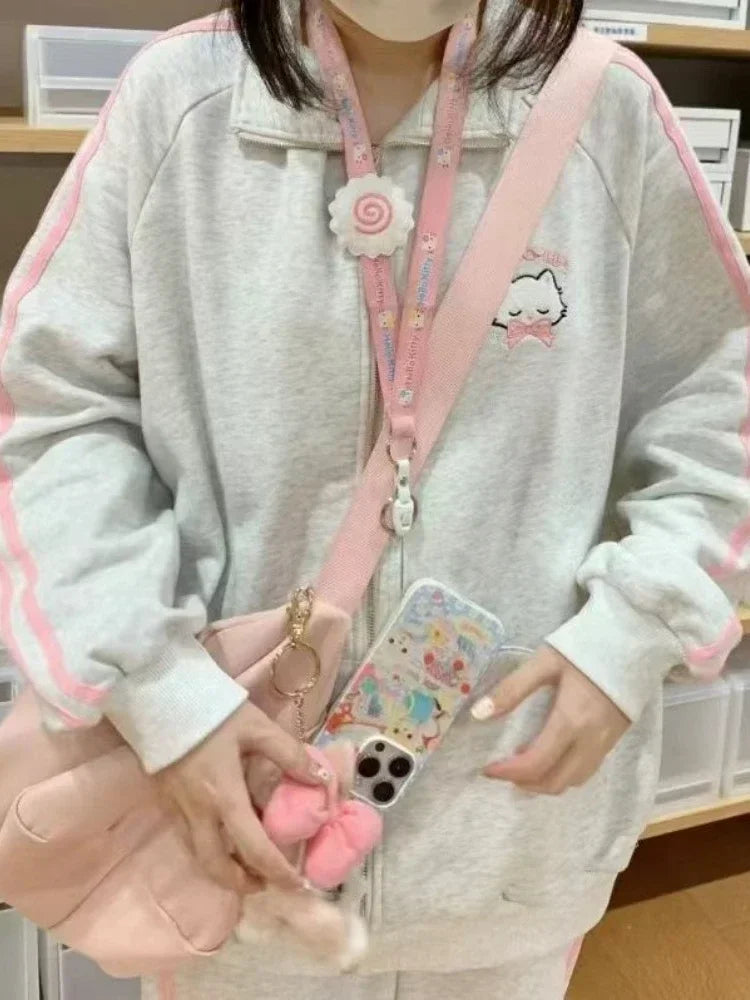 Hoodie com zíper Houzhou-Kawaii feminino, bordado gato rosa, moletom com capuz extragrande, moda japonesa, Harajuku fofo, inverno, 2023