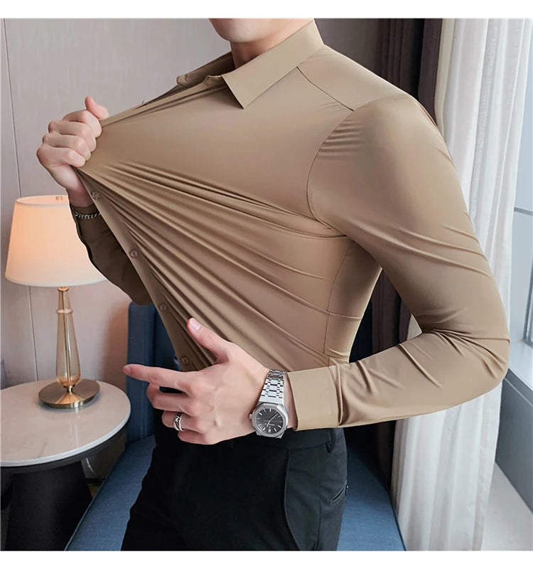 Plus Size 4XL-M High Elasticity Seamless Shirts Men Long Sleeve Top Quality Slim Casual Luxury Shirt Social Formal Dress Shirts