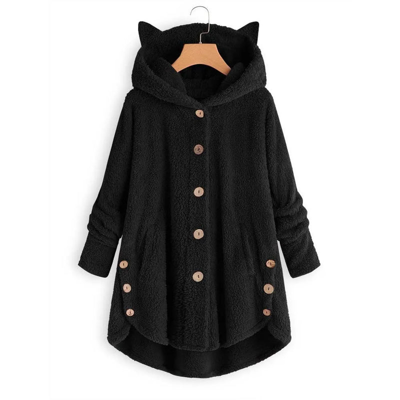 Casaco de penas monocromático feminino, botão Parkas com capuz, blusa de pelúcia de gato, jaqueta irregular, monocromática, pele, inverno