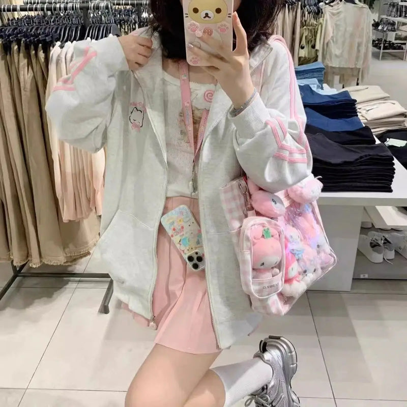 Hoodie com zíper Houzhou-Kawaii feminino, bordado gato rosa, moletom com capuz extragrande, moda japonesa, Harajuku fofo, inverno, 2023