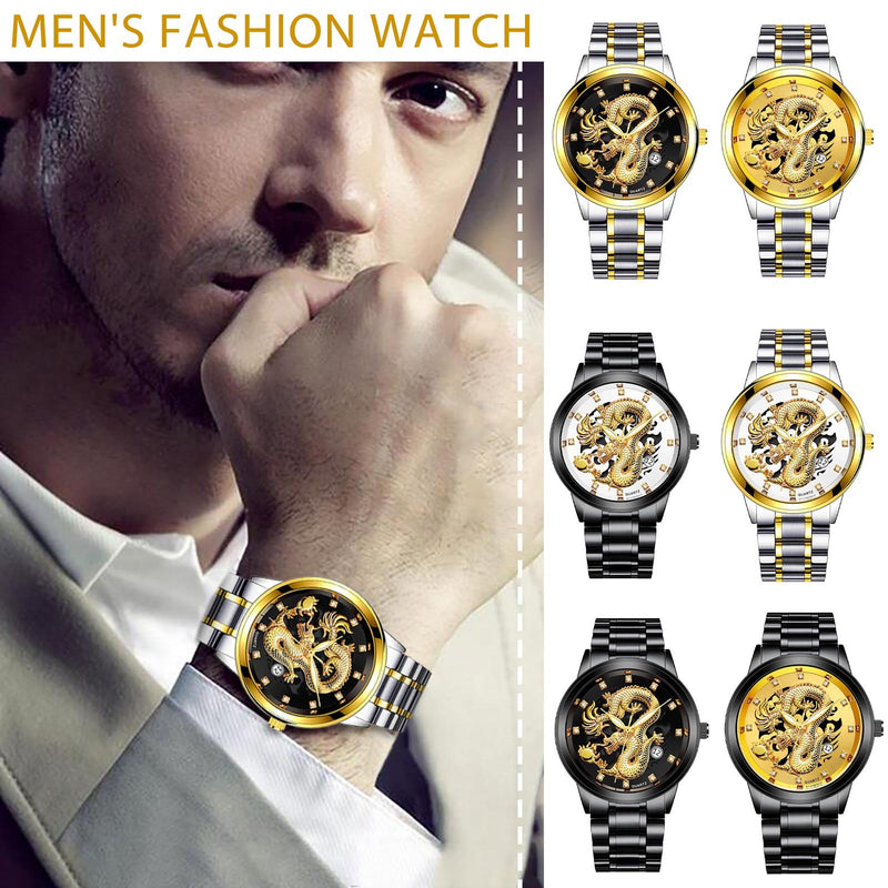 Men's Fashion Business Quartz Watch Fashion Men's Watch Stainless Steel Belt Men's Watches Golden Dragon  Часы Женские Наручные