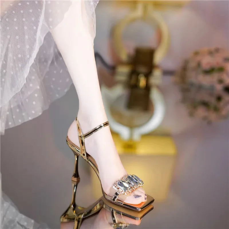 Rhinestones Elegant Thin High Heel Women's Shoes 2024 Sexy Female Dress Summer Sandals Luxury for Ladies Heeles Sandales Femmes