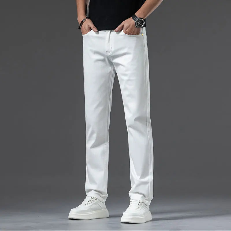 New Fashion Brand Jeans Men's Khaki White Straight Denim Medium Waist Fashion Stretch Casual Cotton Denim Pants