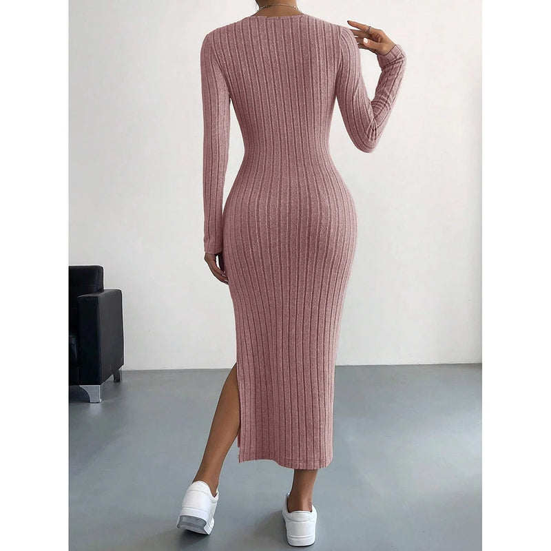 Mia Muse Women's Dresses Autumn French Plain Stripe Split Long Sleeve Scoop Neck Bodycon Full Length Maxi Casual Dresses