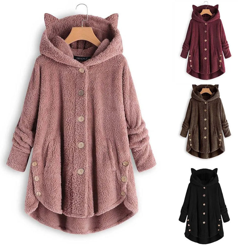 Casaco de penas monocromático feminino, botão Parkas com capuz, blusa de pelúcia de gato, jaqueta irregular, monocromática, pele, inverno