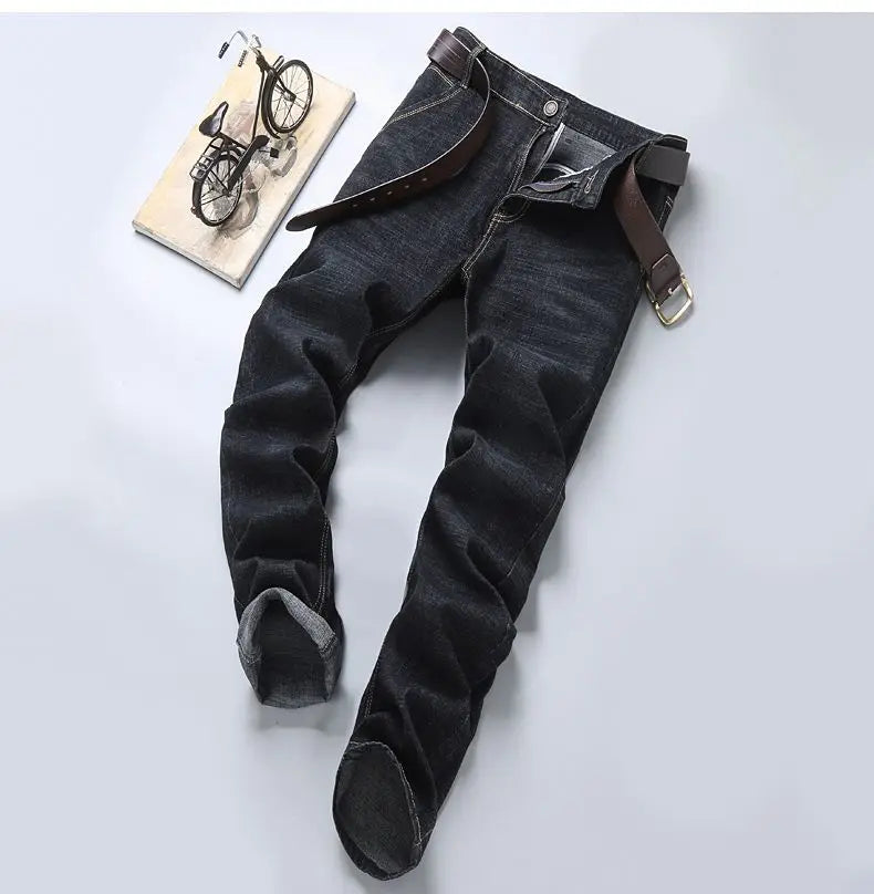 New men's blue and black elastic business wrinkle resistant and wear-resistant jeans straight tube multifunctional denim pants