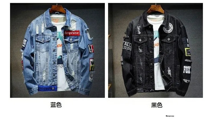 Men Brand Denim Jacket Streetwear Punk Motorcycle Ripped Print Cowboy Coats High Quality Casual Hole Loose Male Jeans Outwear