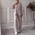 Cotton Linen Shirt Pants 2 Piece Set For Women 2024 Spring Autumn Long Sleeve Blouse Wide Leg Solid Suits Female Casual Outfits