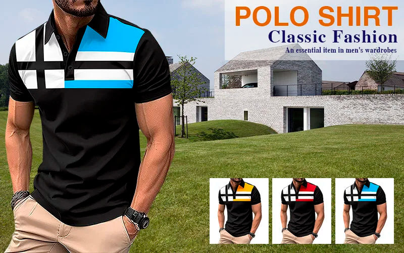 Summer men's short sleeved polo shirt, business office lapel shirt, men's sports and leisure fashionable stripe T-shirt top