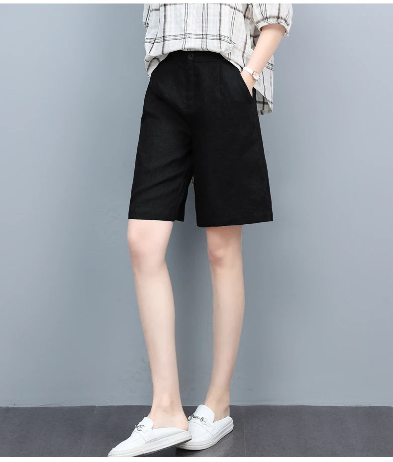 High Waist COTTON Linen Women's Shorts Loose Casual Solid Women's Summer Shorts Basic Black Coffee Semi-elasticated Waist Shorts