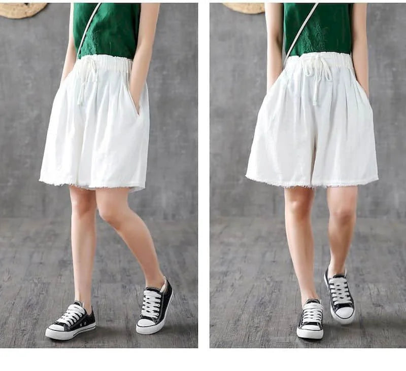 Solid Shorts for Women Summer Sale Linen Casual Straight Short Pants Korean Style Elastic Waist Wide Leg Trousers Women Clothing