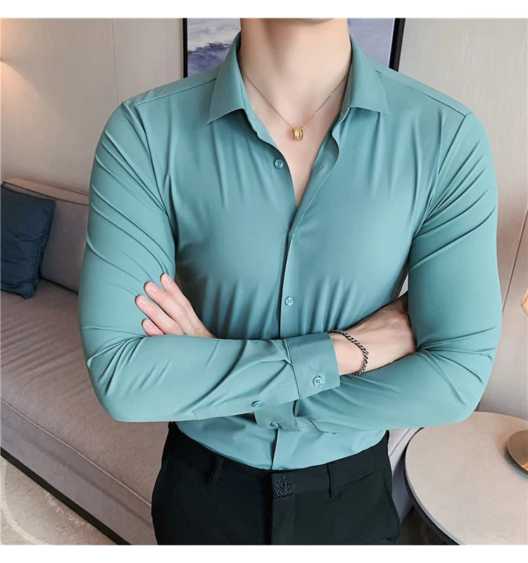 Plus Size 4XL-M High Elasticity Seamless Shirts Men Long Sleeve Top Quality Slim Casual Luxury Shirt Social Formal Dress Shirts