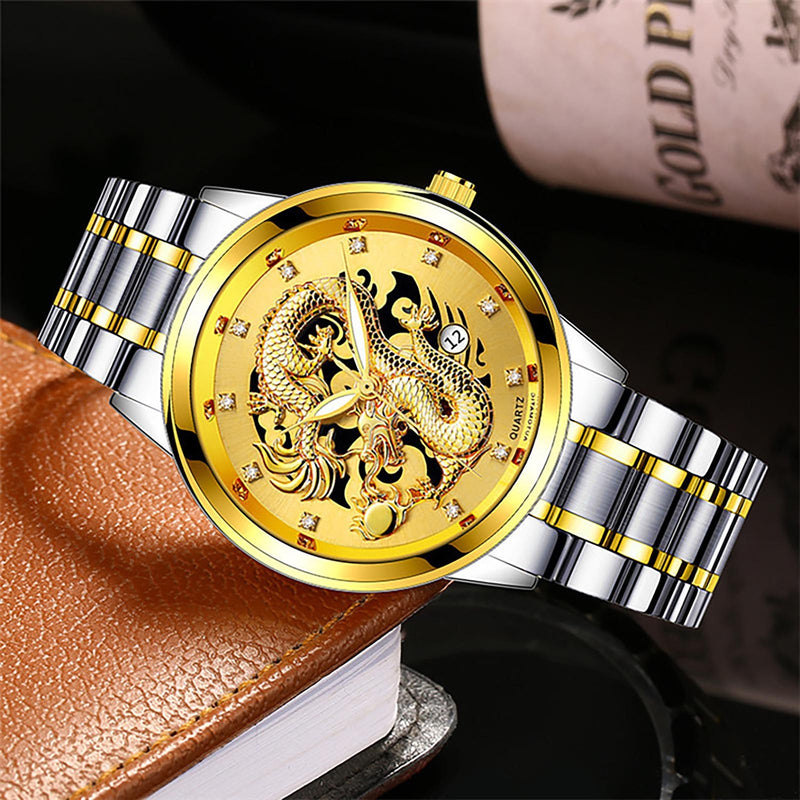 Men's Fashion Business Quartz Watch Fashion Men's Watch Stainless Steel Belt Men's Watches Golden Dragon  Часы Женские Наручные